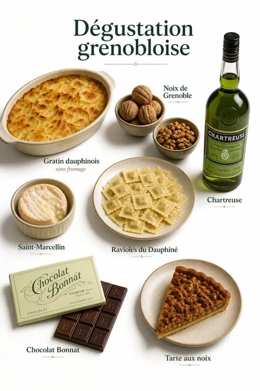 Spécialité grenobloise : assortiment de gratin dauphinois, noix de Grenoble, ravioles du Dauphiné et Chartreuse sur une table rustique