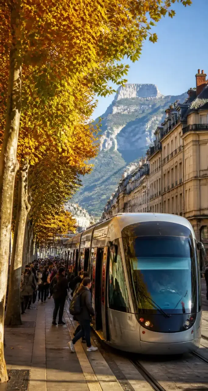 Tramway au centre-ville de Grenoble, massif de la Chartreuse en arrière-plan