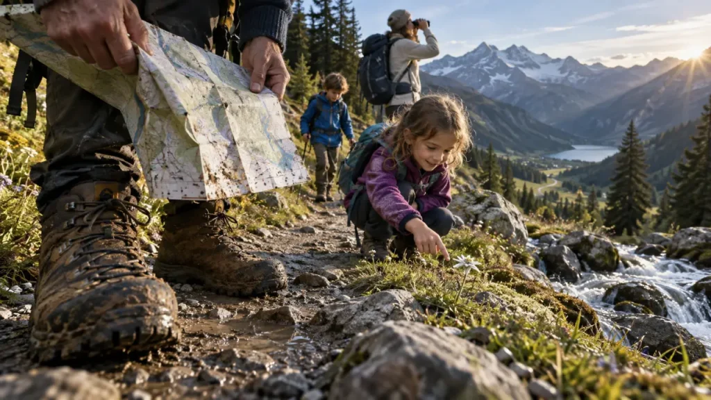 Activités enfants Oisans : famille sur sentier près d’un torrent, enfant montre une fleur alpine
