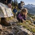 Activités enfants Oisans : famille sur sentier près d’un torrent, enfant montre une fleur alpine