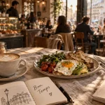 bontemps brunch et café grenoble : cappuccino et brunch sur table en bois