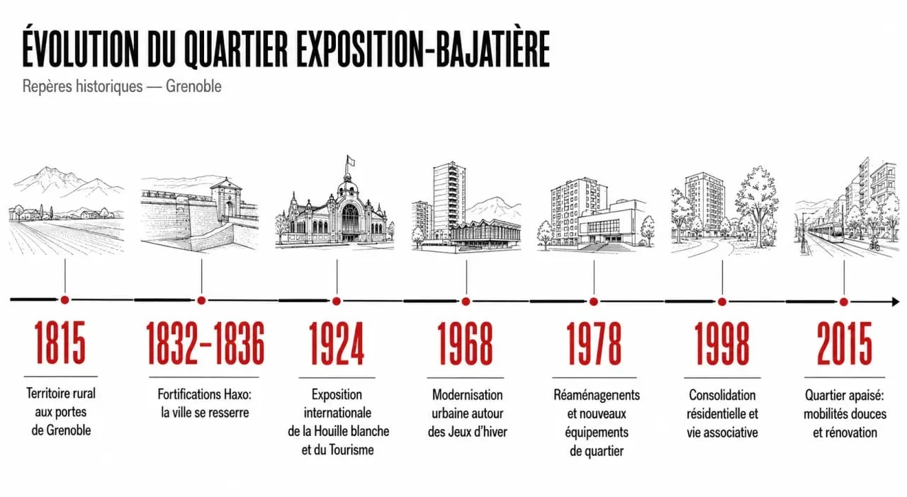 Quartier exposition-bajatière en frise chronologique sur l'évolution des limites et des repères historiques