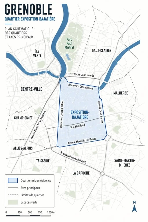 Quartier exposition-bajatière à Grenoble sur carte éditoriale simplifiée avec axes principaux et quartiers voisins