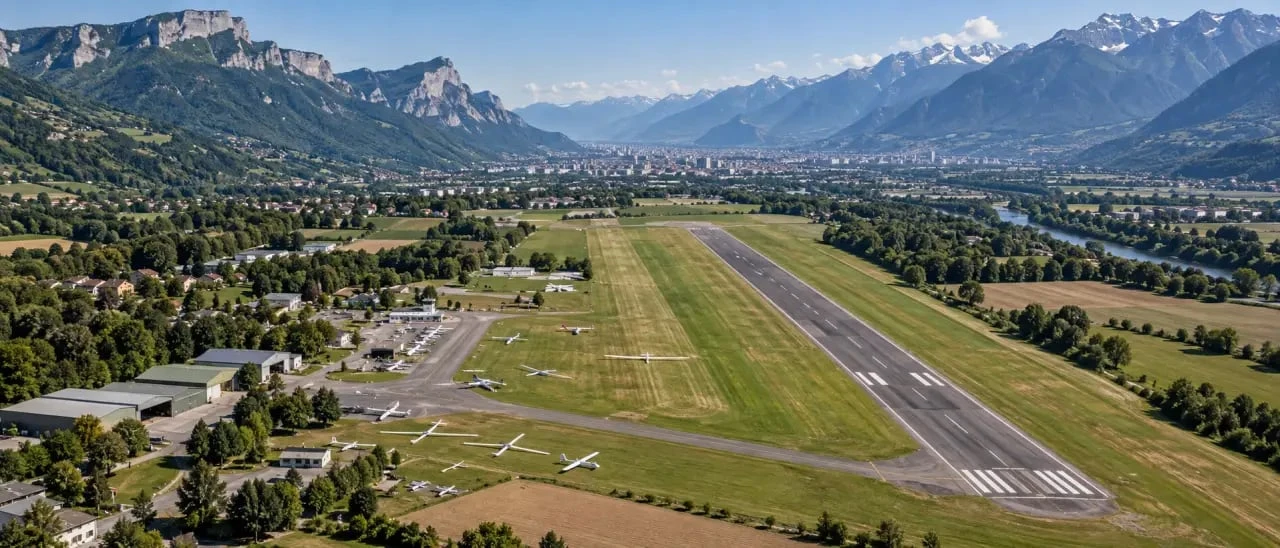Aérodrome de Grenoble-Le Versoud dans la vallée du Grésivaudan avec les massifs alpins en arrière-plan