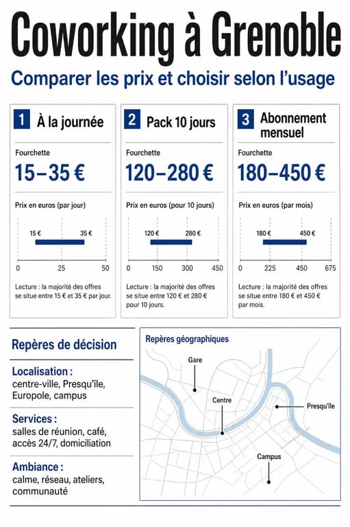 Coworking Grenoble : comparatif visuel des prix, formules et critères de choix