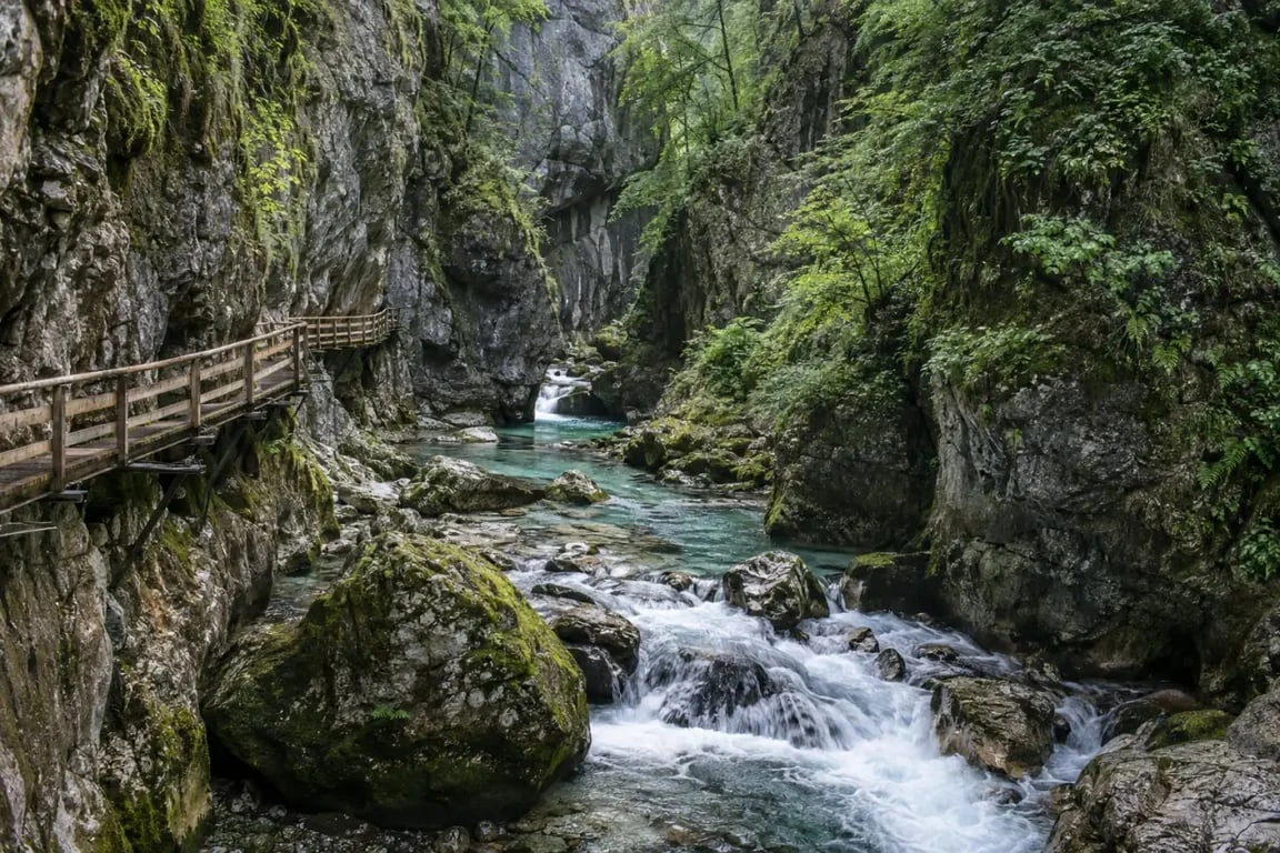 Gorges du Guiers Mort en Chartreuse avec rivière et passerelle en bois