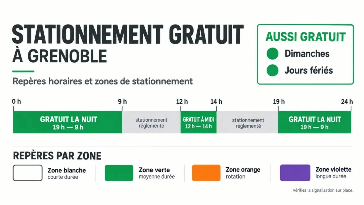 Infographie sur le stationnement gratuit à Grenoble : zones et horaires de gratuité