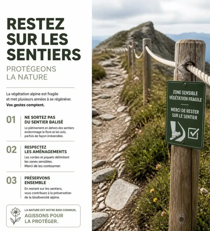 Sentier de randonnée balisé au Moucherotte pour la protection de la flore alpine