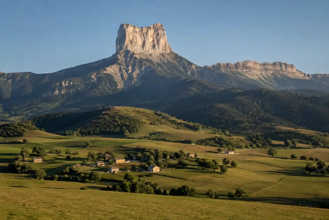 Le Trièves avec vue sur le Mont Aiguille depuis les prairies du plateau