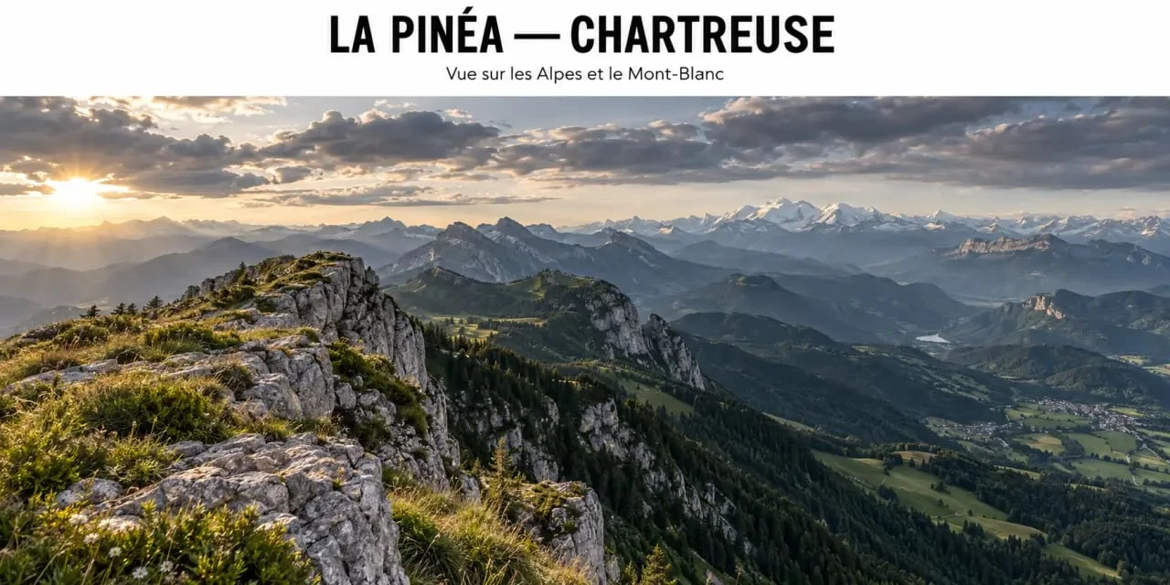 Panorama spectaculaire depuis le sommet de la randonnée la Pinéa en Chartreuse avec vue sur les Alpes.