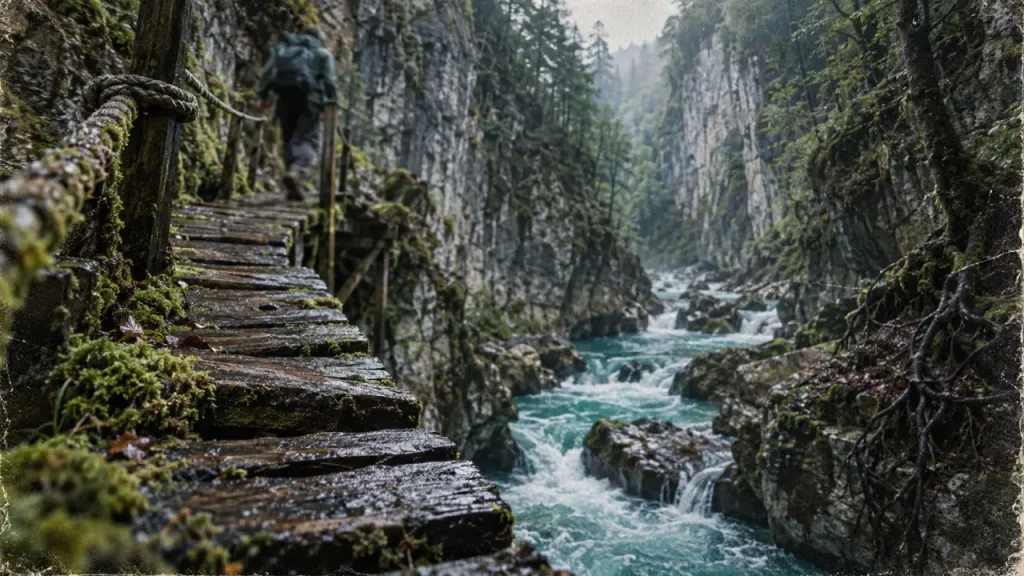 Gorges du guiers mort : passerelle humide et rochers glissants