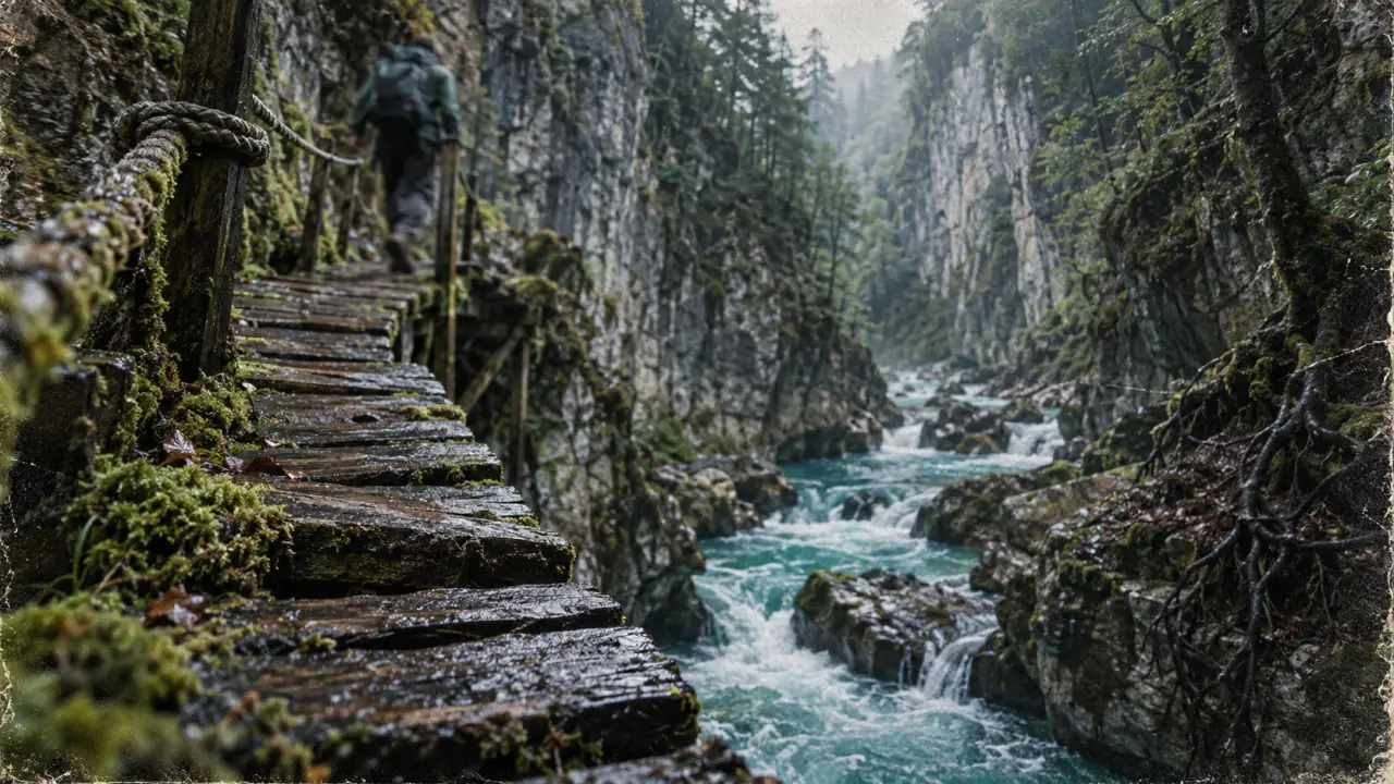 Gorges du guiers mort : passerelle humide et rochers glissants