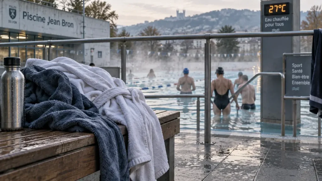 Piscine grenoble : bassin extérieur chauffé, nageurs et brume légère