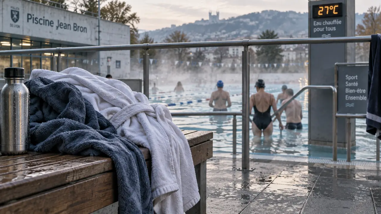Piscine grenoble : bassin extérieur chauffé, nageurs et brume légère